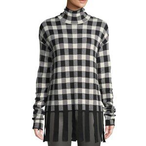 Christian Wijnants Kadiha Wool Sweater Buffalo Plaid Fringe Trim Mock-Neck L